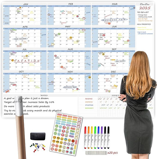 CLEVER CLEAN Large Dry Erase Wall Calendar - 48"x58" 12-month 2025 Undated Yearly Calendar for Home, Office, School Projects - Jumbo Laminated Task Organizer
