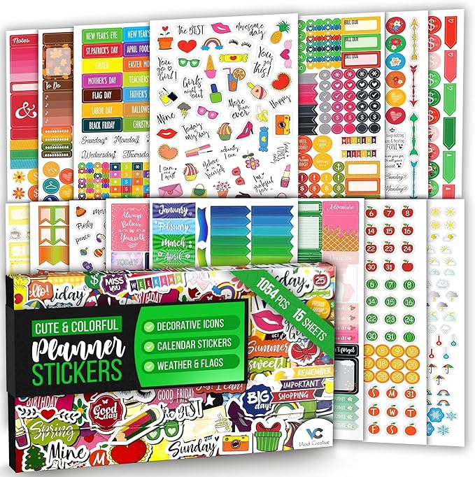 Vladi Creative Cute Colorful Planner Stickers – 1054 pcs / 15 Sheets – Functional & Decorative Icons, Dates, Weather, Flags – Writable Tabs for Bullet Journals, Calendars – Planner Accessories