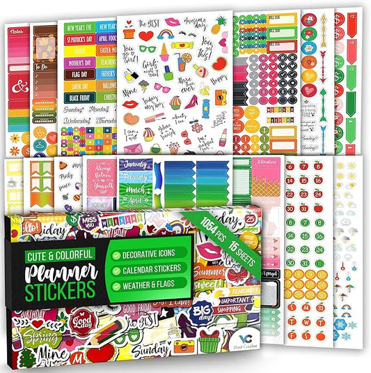 Vladi Creative Cute Colorful Planner Stickers – 1054 pcs / 15 Sheets – Functional & Decorative Icons, Dates, Weather, Flags – Writable Tabs for Bullet Journals, Calendars – Planner Accessories