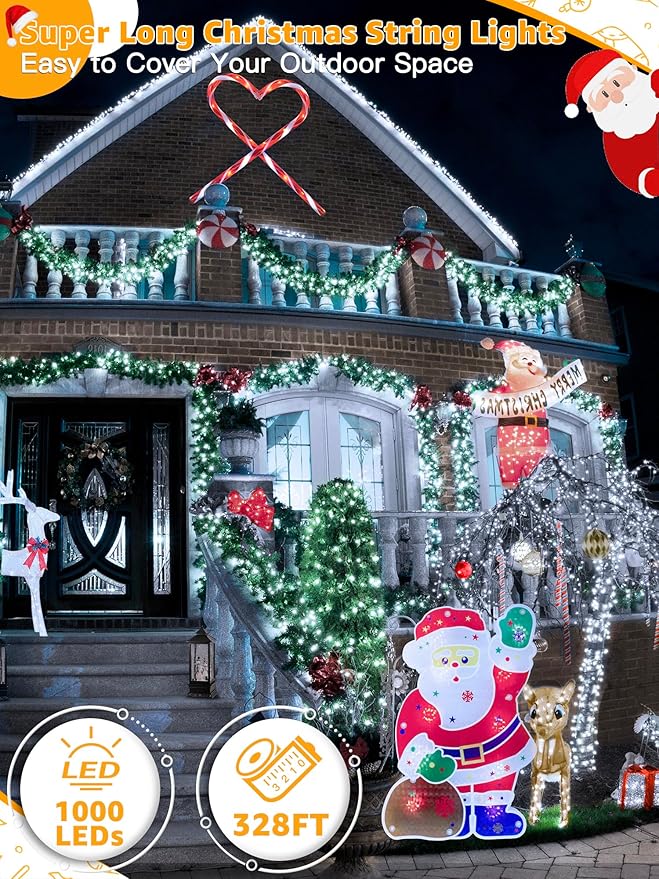 1000 LED 328 FT Outdoor String Lights with Remote and Timer, Dimmable with 8 Modes, Waterproof, Cool White Fairy Lights for Christmas Tree & Holiday Decor