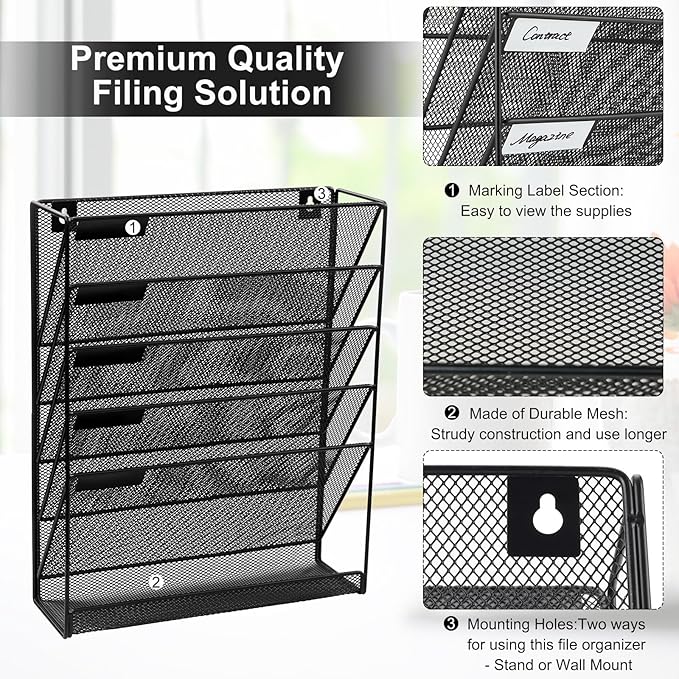 EasyPAG Wall File Holder 5 Tier Vertical Hanging File Organizer Wall Mount Paper Folder Rack with Bottom Flat Tray for Office and Home,Black