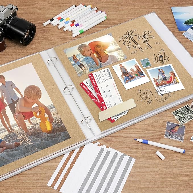 Vienrose Scrapbook Photo Album 12x12 Inch 3 Ring Binder, Linen Cover Large DIY Scrapbooks with 30 Sheets Plastic Sleeves 60 Pages Blank Khaki Inner Pages for Wedding Birthday Travel Baby Photos Grey