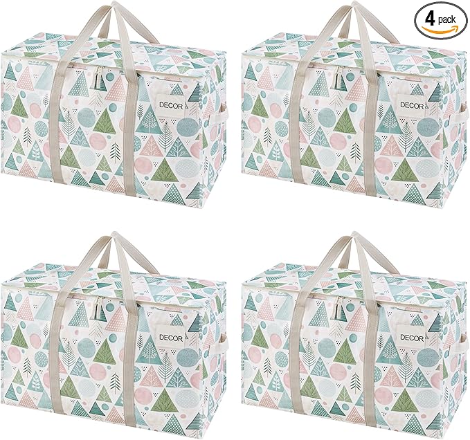 VENO 4 Pack Moving Bags and Large Christmas Storage Bins with lids. Alternative to Moving Boxes, Packing Supplies for College. Extra Large Heavy Duty Totes for Packaging (Pastel Forest, 4 Pack)