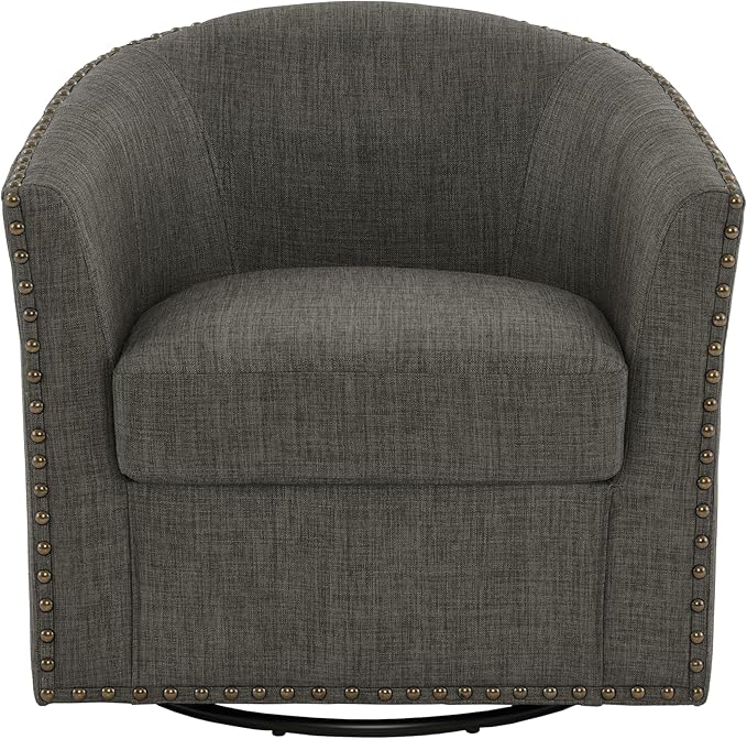 UIXE 360° Swivel Barrel Accent Chair, Modern Upholstered Arm Chair Round Club Armchair, Nailhead Trim Single Sofa Seating in Fabric for Living Room - Gray