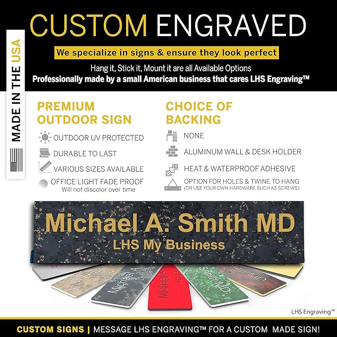 Engraved Custom Door Plate Charcoal Marble Pattern Plastic Office Door Sign with Gold Letters - Made in USA 2x10 S6