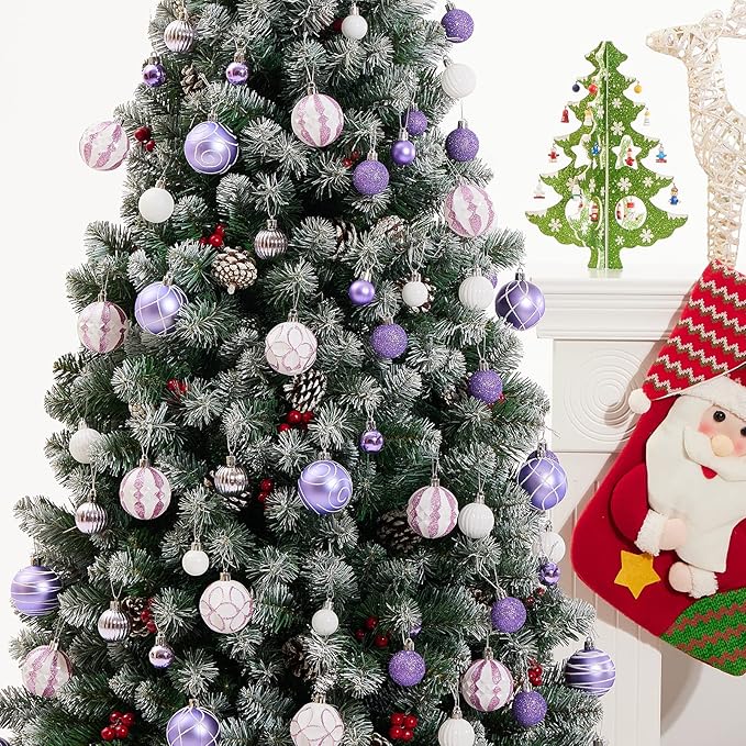 100Pcs Elegant Christmas Balls Set Christmas Tree Ornaments with Glitter and Patterns Bulk Ornaments for Tree as Festive Christmas Decor Xmas Ball Set Purple White