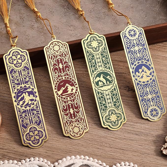 4 Pieces Metal Bookmarks with Tassel Big Size, Golden Vintage Aesthetics Scenery Mountain Theme Book Mark, Bookmark for Women Book Lovers Gift Writers Readers Teens Men