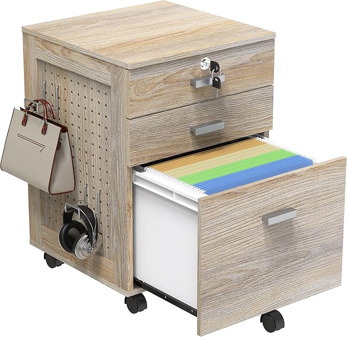SHW Box Box File Rolling Mobile Cabinet with Side Pegboard and One Lockable Drawer, Maple