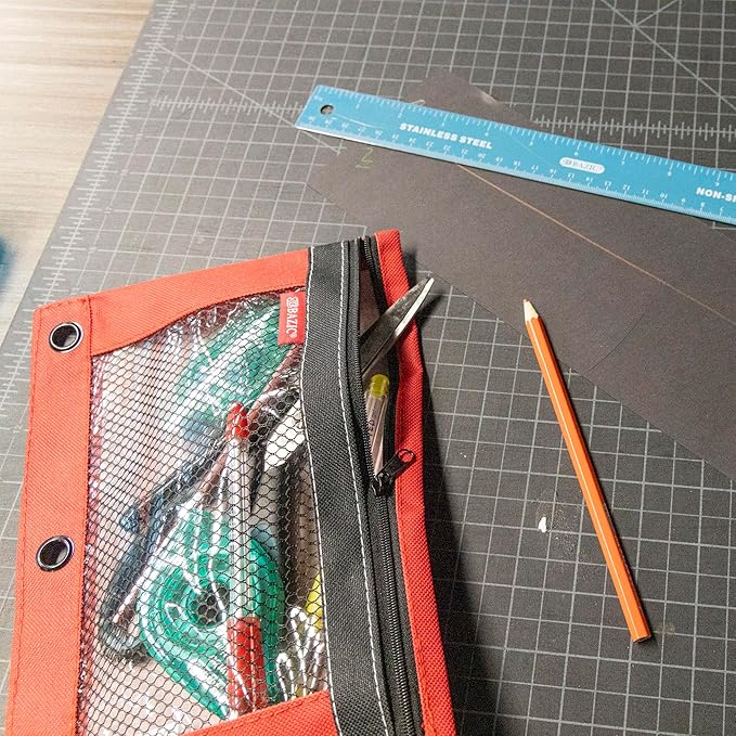 BAZIC Pencil Pouch 3 Ring Binder Pouch w/Rivet Enforced Rings Holes, Assorted Color Mesh Window Zipper Pouches, 4-Pack