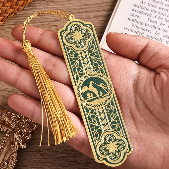4 Pieces Metal Bookmarks with Tassel Big Size, Golden Vintage Aesthetics Scenery Mountain Theme Book Mark, Bookmark for Women Book Lovers Gift Writers Readers Teens Men