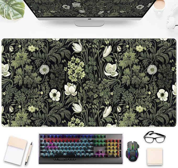 Dark Green Floral Plants XXL Gaming Mousepad & Desk Pad - Nature Leaf Flower Laptop Keyboard Mat 31.5 x 15.75