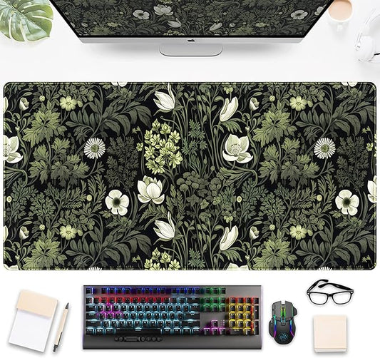 Dark Green Floral Plants XXL Gaming Mousepad & Desk Pad - Nature Leaf Flower Laptop Keyboard Mat 31.5 x 15.75