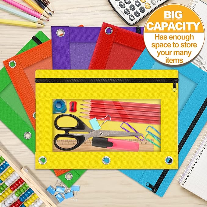 Officygnet 3 Ring Pencil Pouch, 36 Packs Bulk Zipper Pencil Case in 6 Colors, Pencil Pouches with Clear Window for Storing School Office Supplies, Cloth Pencil Bag for 3 Hole Binder