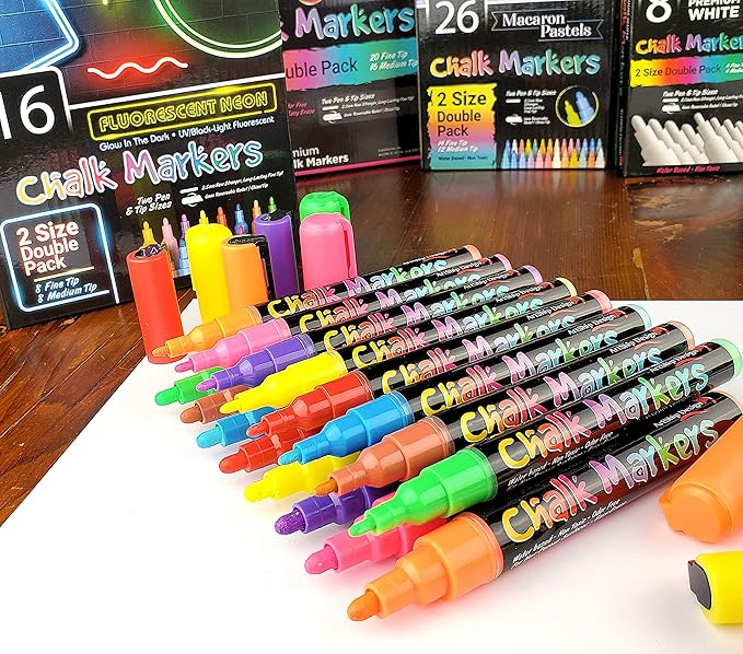 16 UV Fluorescent Neon Chalk Markers - Double Pack of Both Fine & Reversible Medium Tip Liquid Chalk Pens Wet Erasable Menu Boards, Glass, Whiteboards, Mirrors, Non-Porous Chalkboards, Plastic, Metal