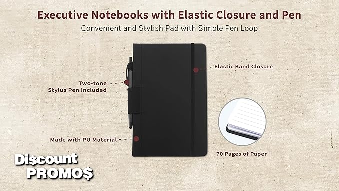 DISCOUNT PROMOS 10 Executive Notebooks with Pen Pack - 6 x 8.5 inches, Recycled, Pen Loop, Closure Strap - Black