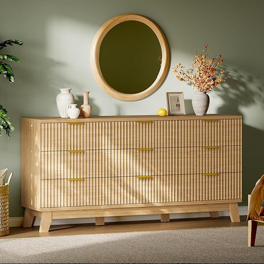 Fluted Dresser with 9 Drawers, 63" Wide Modern Chest of Drawers with Metal Handle, Wooden Dresser TV Stand, Wood Closet Clothes Storage Organizer for Bedroom, Living Room, Hallway, Natural Oak