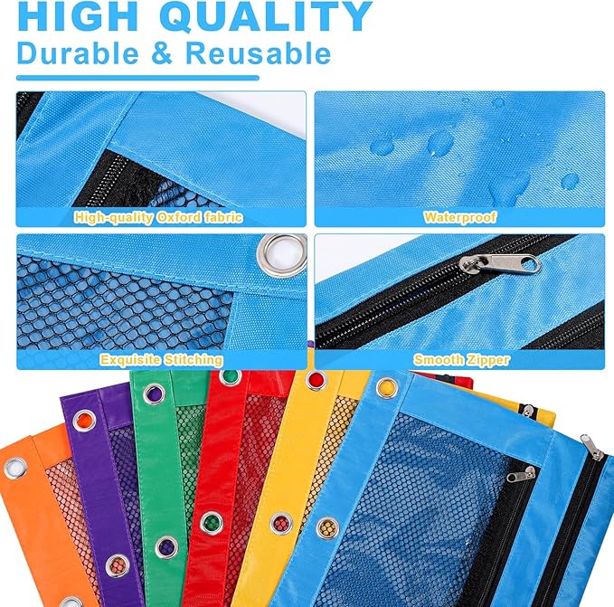 12PCS Pencil Pouches for 3 Ring Binder, 10"x7.5" Zippered Binder Pouch, Double Layer Clear PVC & Mesh Pencil Bags, 12 Colors (2 Each) for School, Office, Travel & Home Organization