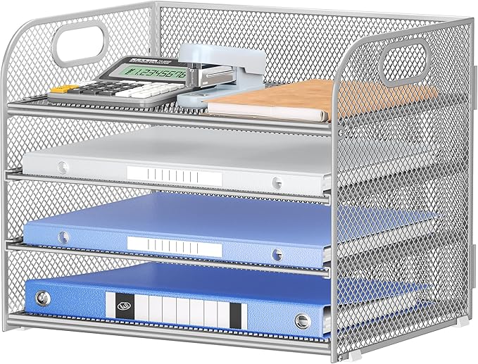 Lavatino 4-Tier Paper Organizer Trays - Silver Mesh File Folder Sorter with Handles, Desk Letter Holder Organizer for Office, Home, School Supplies Storage & Organization