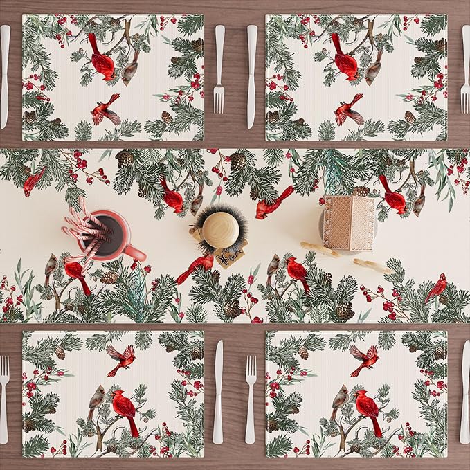 XCHI Cardinal Birds Winter Pine Tree Christmas Xmas Placemats Set of 6 Table Mats for Party Home Kitchen Dining Table Decorations 12x18 Inch