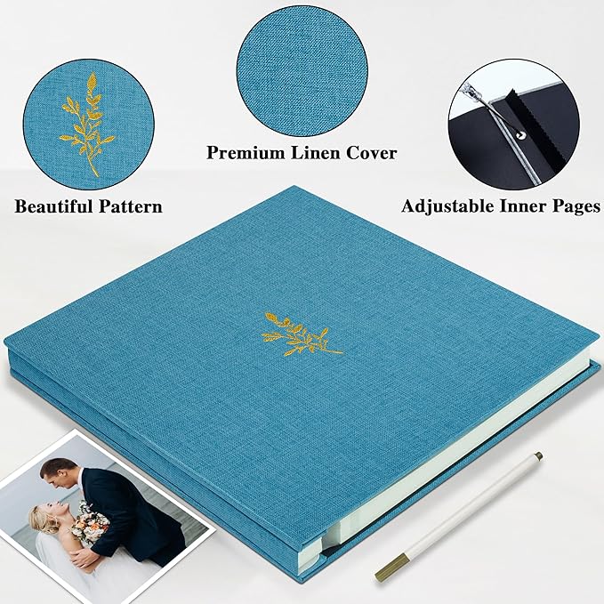 Self Adhesive Photo Album, Sky Blue Scrapbook Album with DIY 60 Blank Pages, Wedding Photo Album with A Metallic Pen for 4x6 5x7 2x3 Pictures,12.9"x13.4"