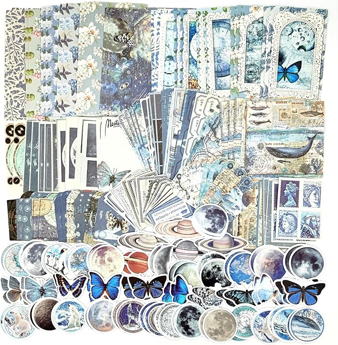 200PCS Vintage Scrapbooking Supplies Pack, Aesthetic Scrapbook Sticker Paper Art Journaling Kit for Bullet Junk Journals,Planner,Cottagecore Decor Gifts (Blue Series)
