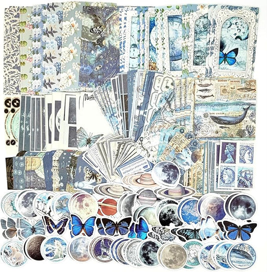 200PCS Vintage Scrapbooking Supplies Pack, Aesthetic Scrapbook Sticker Paper Art Journaling Kit for Bullet Junk Journals,Planner,Cottagecore Decor Gifts (Blue Series)