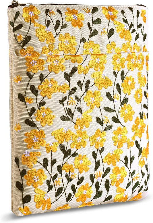 LParkin Embroidered Daisy Flower Book Sleeve with Zipper - Washable Fabric Book Cover Protector for Paperbacks & Hardcover, Gift for Book Lovers (Yellow, 11x8.5 Inch)