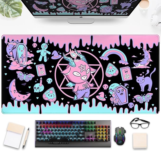 Cute Pastel Goth Desk Mat Kawaii Japanese XXL Extra Large Extended Desk Pad Gaming Mouse Pad, Anime Computer Laptop Mat Keyboard and Mouse Mat for Women Office Desk Decor Gamer Gift 31.5"x15.75"