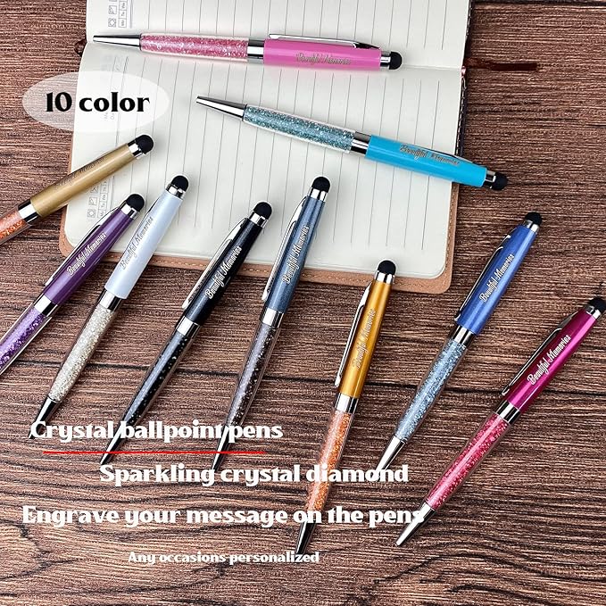 Ancolo Personalized Ballpoint Pens with Stylus tip Stylish Pens Crystal Diamond pen - Engraved with Your Name Logo or Message, Phone Number Black ink Perfect for Office Advertising