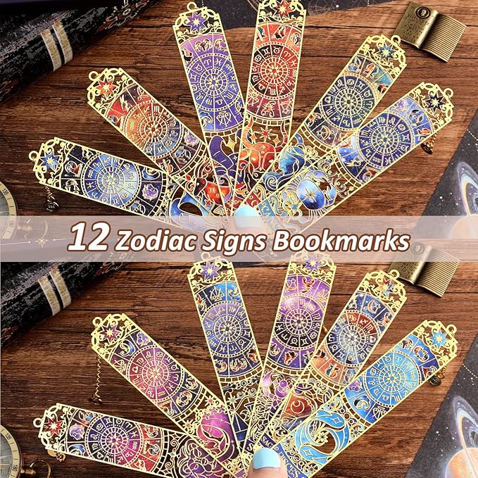 12 PCS Zodiac Theme Metal Bookmark for Women, Gold Hollow Astrology Bookmarks Set Funny Book Mark for Girls, Teenage, Student, Readers, Men, Horoscope Themed Gifts for Book Lovers, Birthday Present