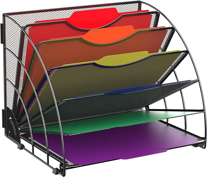 SUPEASY Fan Shaped Desk File Organizer, 6 Compartments for Filing Paper Bills, Letters, Desk Accessories for Workspace, School, Office, Waiting Room, Classroom Storage, Black