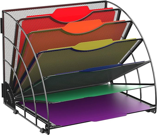 SUPEASY Fan Shaped Desk File Organizer, 6 Compartments for Filing Paper Bills, Letters, Desk Accessories for Workspace, School, Office, Waiting Room, Classroom Storage, Black