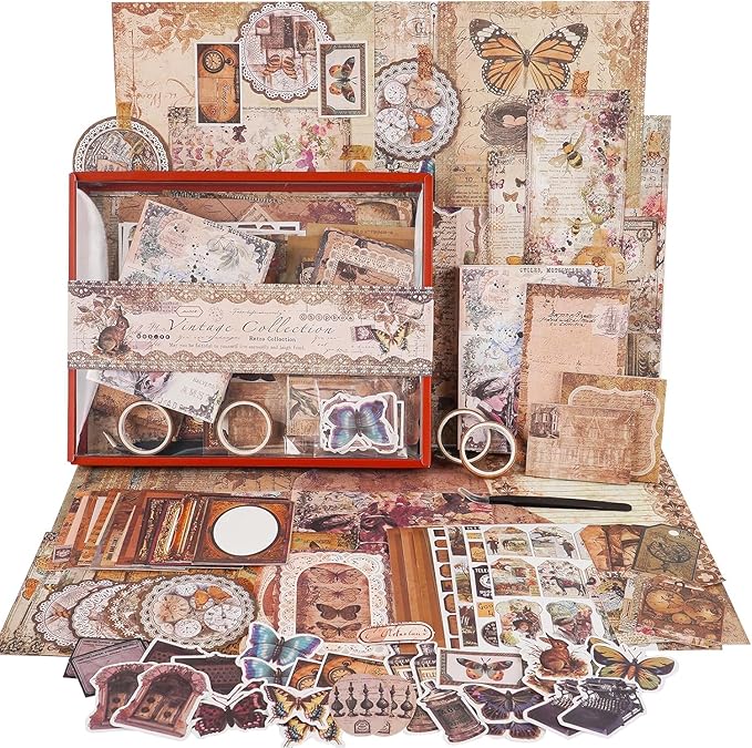 Funto Scrapbooking Kit (202 PCS), Vintage Collection-Wisteria & Butterfly, Perfect for Bullet Scrapbooking Materials, Planner DIY Arts Craft Collage
