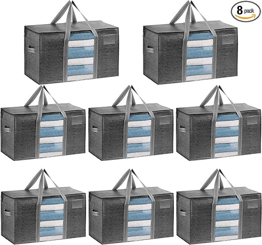 VENO 8 Pack Moving Bags, Moving Supplies, Moving Boxes, College Packing Storage Boxes with Lids Alternative, Heavy Duty Totes, Extra Large, Sturdy Handles, Zipper (Dark Gray with Window, 8 Pack)