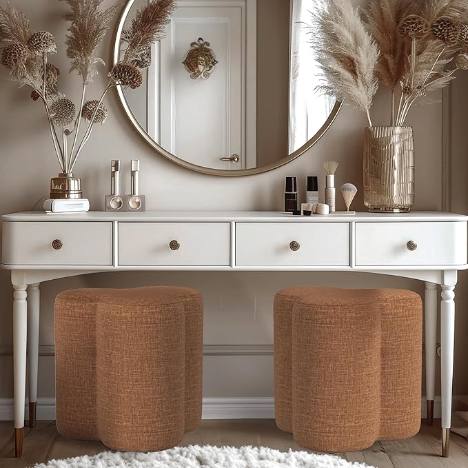 HomePop Upholstered Clover Shaped Ottoman Home Décor|Foot Rest Ottoman - Rust Orange Chenille