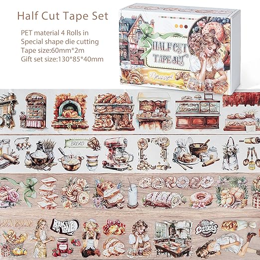 Snycler Pre-Cut Oatmeal Rhyme Themed PET Washi Tapes - Vintage Aesthetic Tape Stickers for Journaling, Scrapbooking, Junk Journals, Crafts, Planners - 4 Rolls