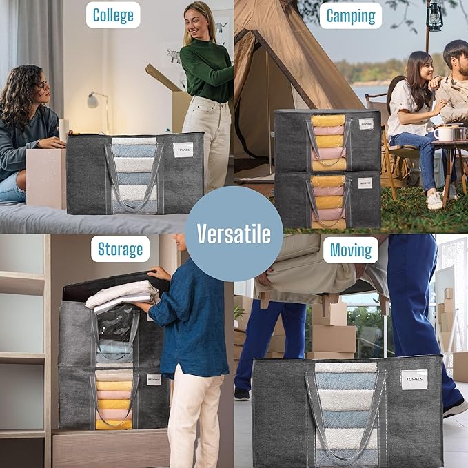 VENO 8 Pack Moving Bags, Moving Supplies, Moving Boxes, College Packing Storage Boxes with Lids Alternative, Heavy Duty Totes, Extra Large, Sturdy Handles, Zipper (Dark Gray with Window, 8 Pack)