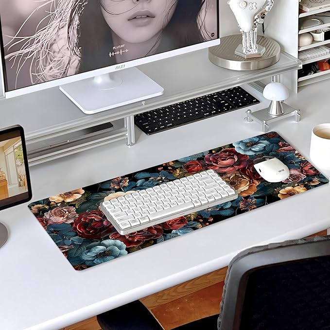 31.5”x11.8”Large Gaming Mouse Pad for Desk, Mouse Mat with Seamed Edges, Waterproof Desk Pad, Non-Slip Rubber Base, Keyboard Pad Computer Mat, Big XL Mousepad-Vintage Chic Rose Flowers