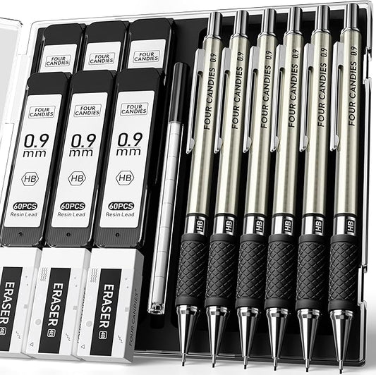 Four Candies Metal Mechanical Pencil Set - 6PCS 0.9mm Art Mechanical Pencils & 360PCS HB Lead Refills & 3PCS Erasers & 9PCS Eraser Refills, Drawing Mechanical Pencils for Writing, Sketching -With Case