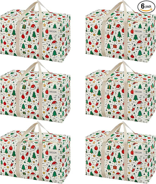 VENO 6 Pack Moving Bags and Large Christmas Storage Bins with lids. Alternative to Moving Boxes, Packing Supplies for College. Extra Large Heavy Duty Totes for Packaging (Jingle Mix, 6 Pack)