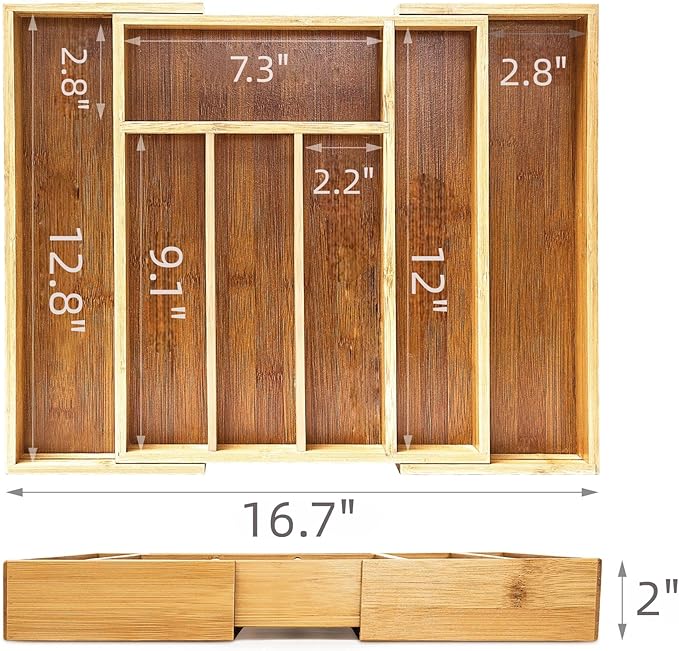 Bamboo Drawer Organizer - Expandable Kitchen Utensil Holder, Adjustable Silverware Drawer Organization, Kitchen Wooden Tray for Cutlery, Flatware & Stationery, 5-7 Slots (Natural)