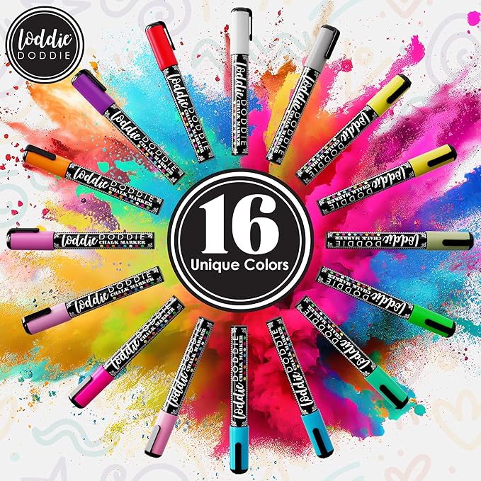 Loddie Doddie Chalk Markers - Pack of 16, 6mm Reversible Bullet & Chisel Tips - Non-Toxic Dust-Free Erasable Liquid Chalk Ink - Dry Erase Markers for Glass, Windows & Whiteboards