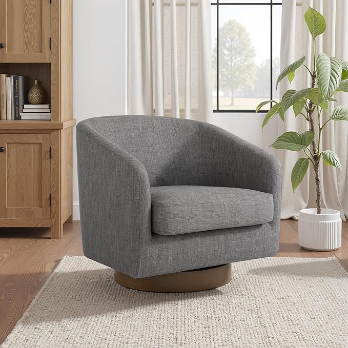 UIXE Swivel Accent Chair with Wood Base, Fabric Upholstered Barrel Chairs for Living Room, Comfy Round Armchair Single Sofa Bedroom Reading Seat - 31" W, Gray