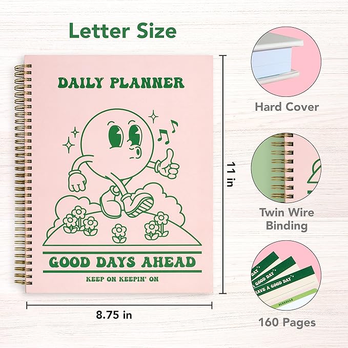 To Do List Cute Planner Undated Notebook, A4 Large Hardcover Spiral Schedule Retro Notebook, Aesthetic Daily for Students Girls Teens , Pink, Green (8.5x11)