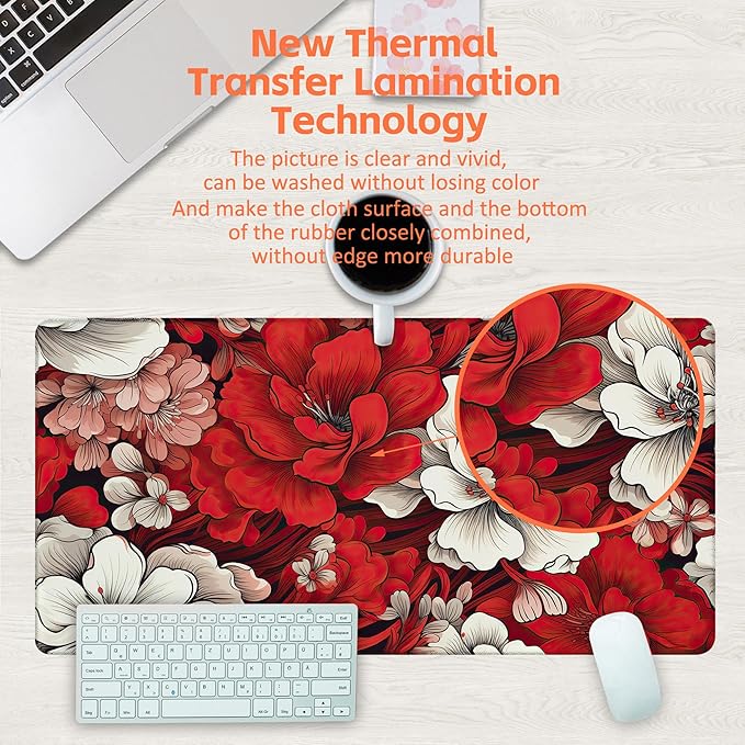 Desk Pad, Red and White Flowers Desk Mat, Retro Red Floral Large Gaming Mouse Pad, 31.5"x15.7" Extended Big Computer Keyboard Mouse Pad with Non-Slip Base and Stitched Edge