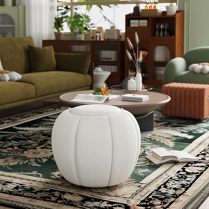 Storage Ottoman, Round Ottoman with Storage, Upholstered Soft Vanity Stool for Living Room, Foot Stool Ottoman for Bedroom, Entryway (Beige)