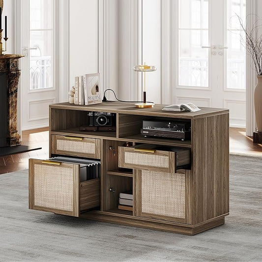 4 Drawer File Cabinet, Fluted Wood Lateral Filing Cabinet with Lock and Charging Station for Home Office, Printer Stand with Open Storage Shelves, Fits A4, Letter Size, Natural Oak