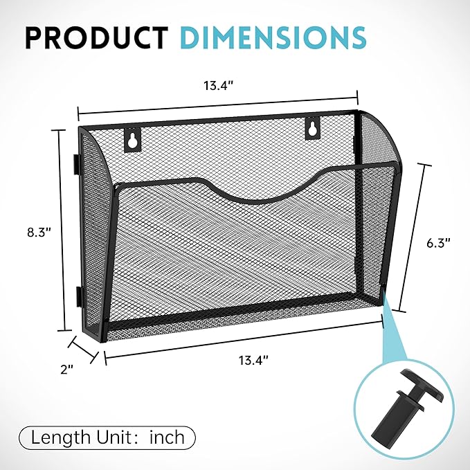 DALTACK 8 Pockets Mesh Wall File Organizer, Hanging File Organizer Vertical Wall Mount File Holder, Metal Wall File Pocket Document Magazine Rack for Office Home, Black