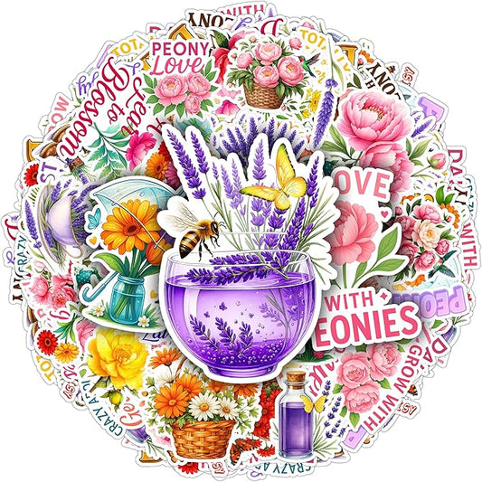 105 PCS Peony Lavender Gerbera Daisy Flower Stickers Pack Vinyl Waterproof Botanical Bloom Quote Decal for Hard Hat Bumper Car Water Bottle Scrapbook Laptop Phone Wall Gift