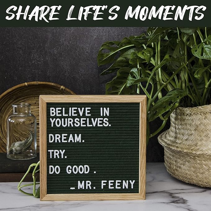 Felt Like Sharing Square Letter Board (Evergreen Felt - 10”x10”) – Changeable Message Board with 3 Sets of Felt Board Letters – Statement Wall Sign for Quotes, Home or Holiday Decor In Oak Frame